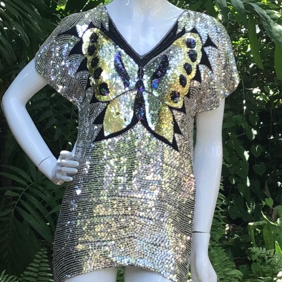 Vintage 80s butterfly sequins silk top - Picture 1 of 12